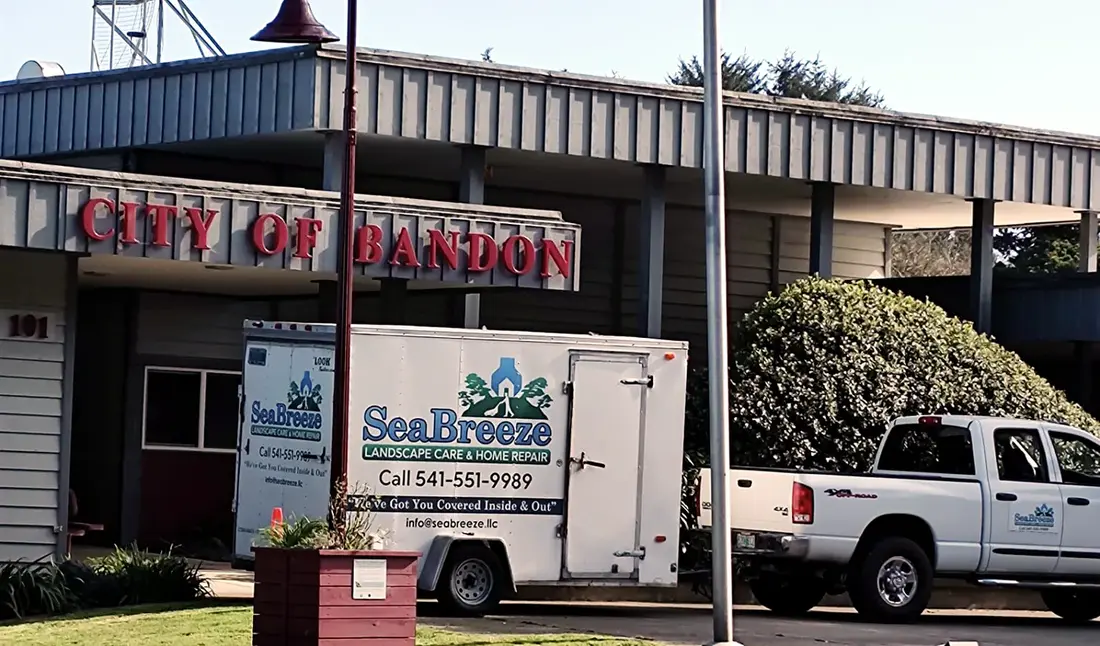 SeaBreeze truck and trailer at the City of Bandon city hall during grounds work
